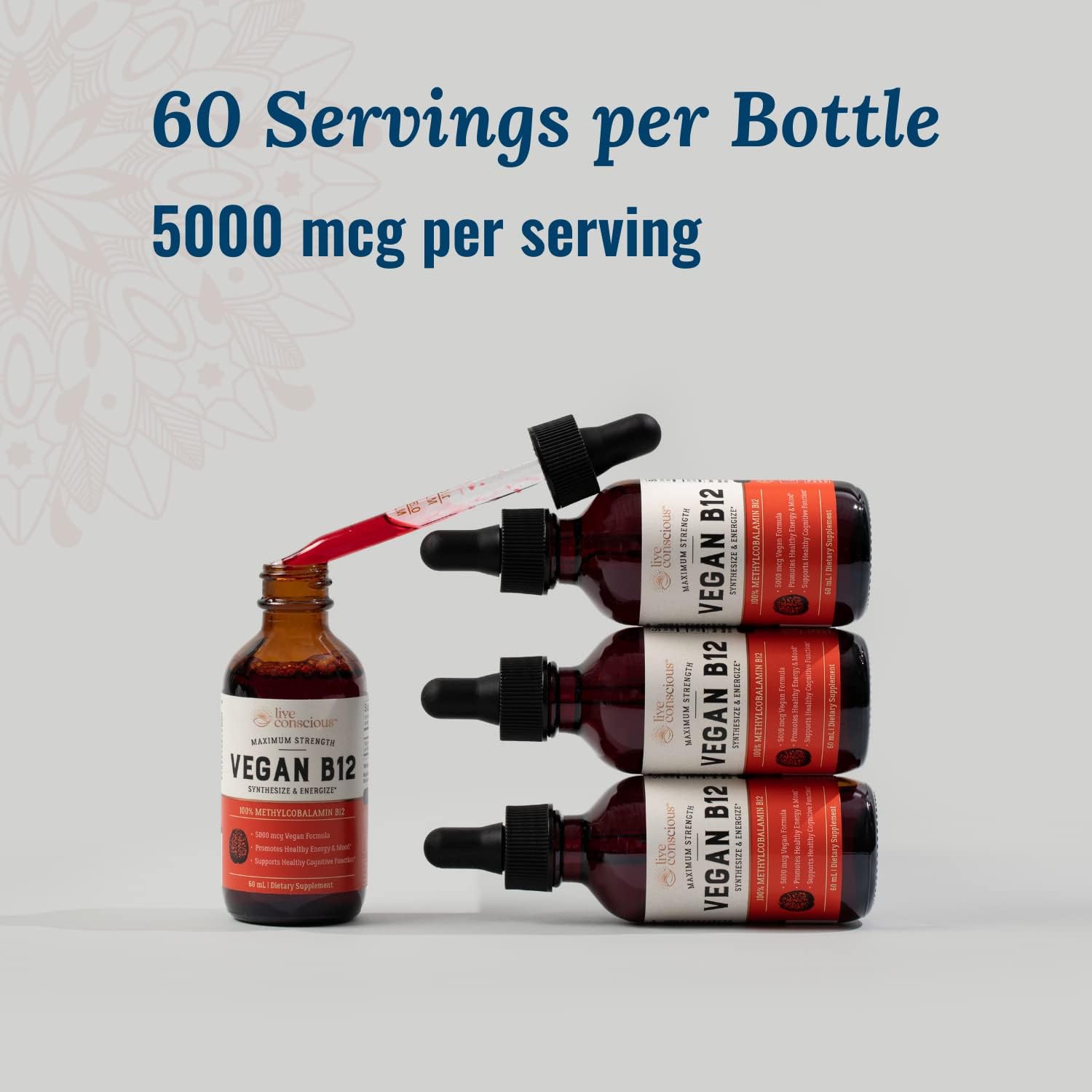 High-Potency Vegan Vitamin B12 Liquid Drops - 5000mcg Methylcobalamin Formula for Energy, Memory, Immune Support - 60 Servings
