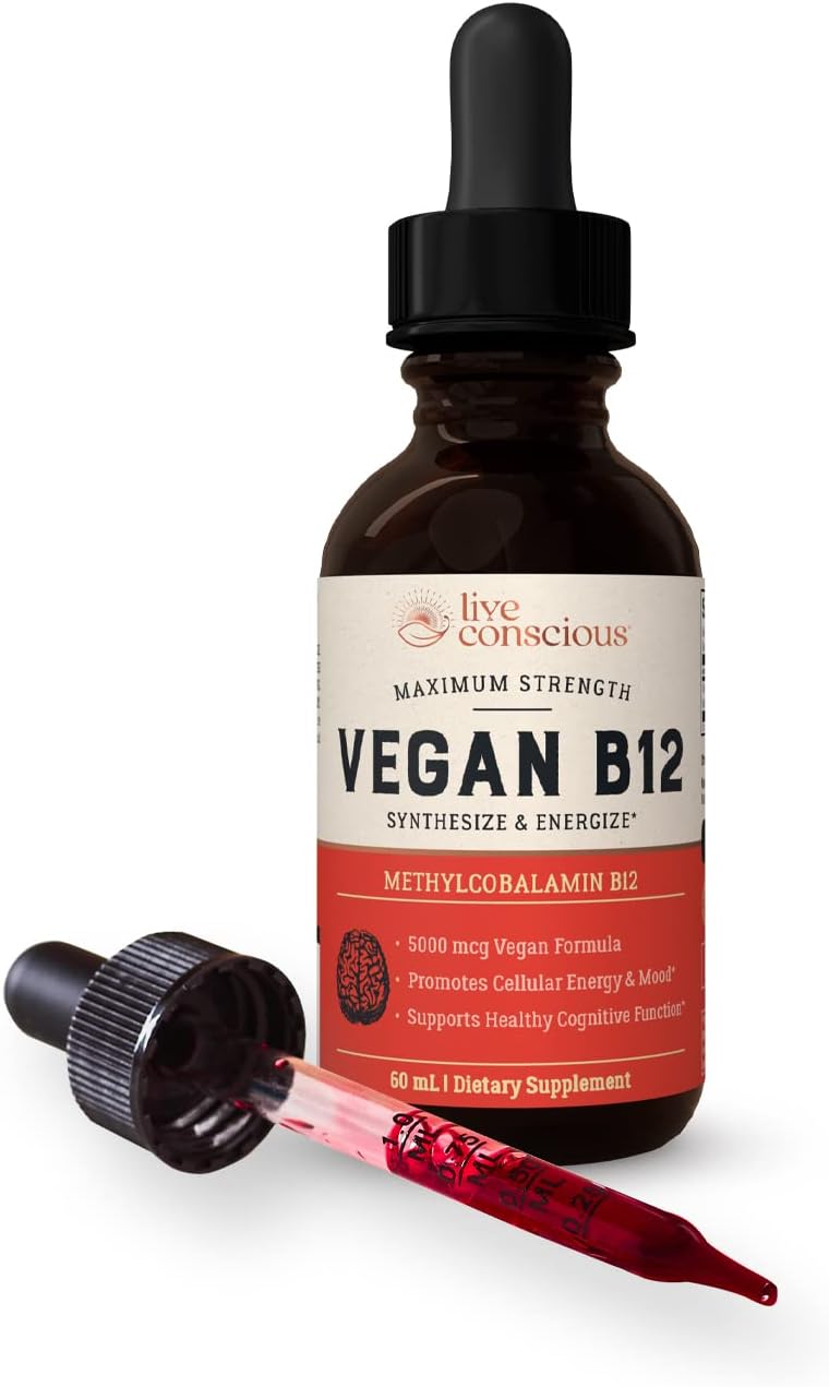 High-Potency Vegan Vitamin B12 Liquid Drops - 5000mcg Methylcobalamin Formula for Energy, Memory, Immune Support - 60 Servings