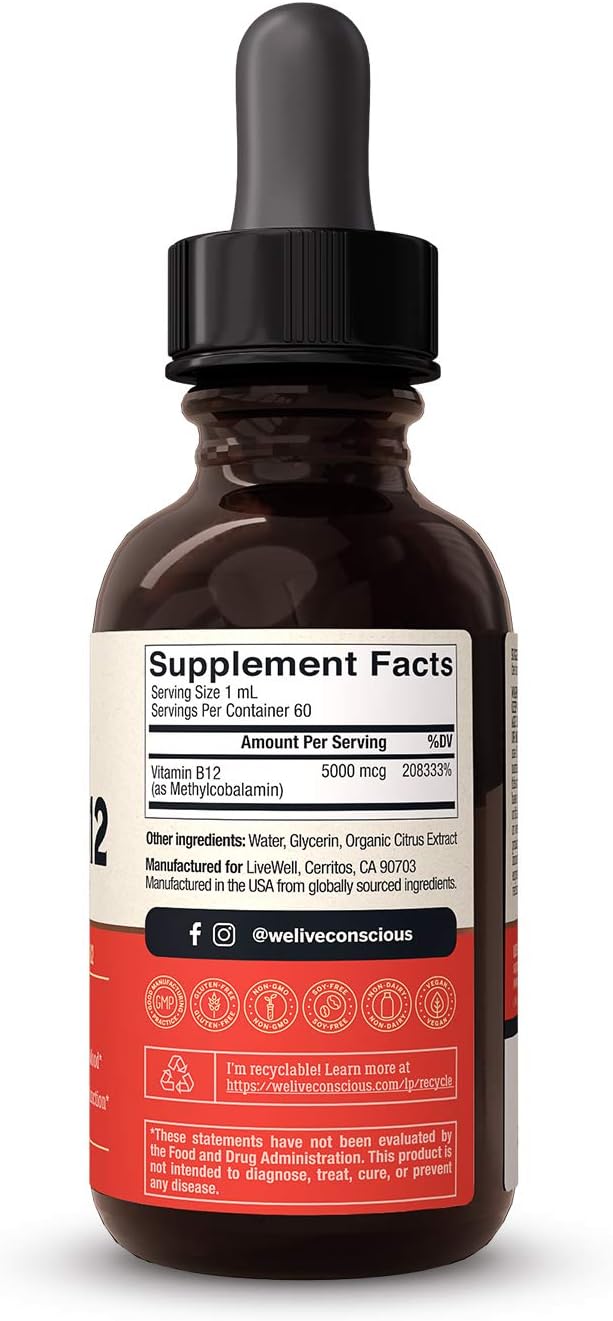High-Potency Vegan Vitamin B12 Liquid Drops - 5000mcg Methylcobalamin Formula for Energy, Memory, Immune Support - 60 Servings