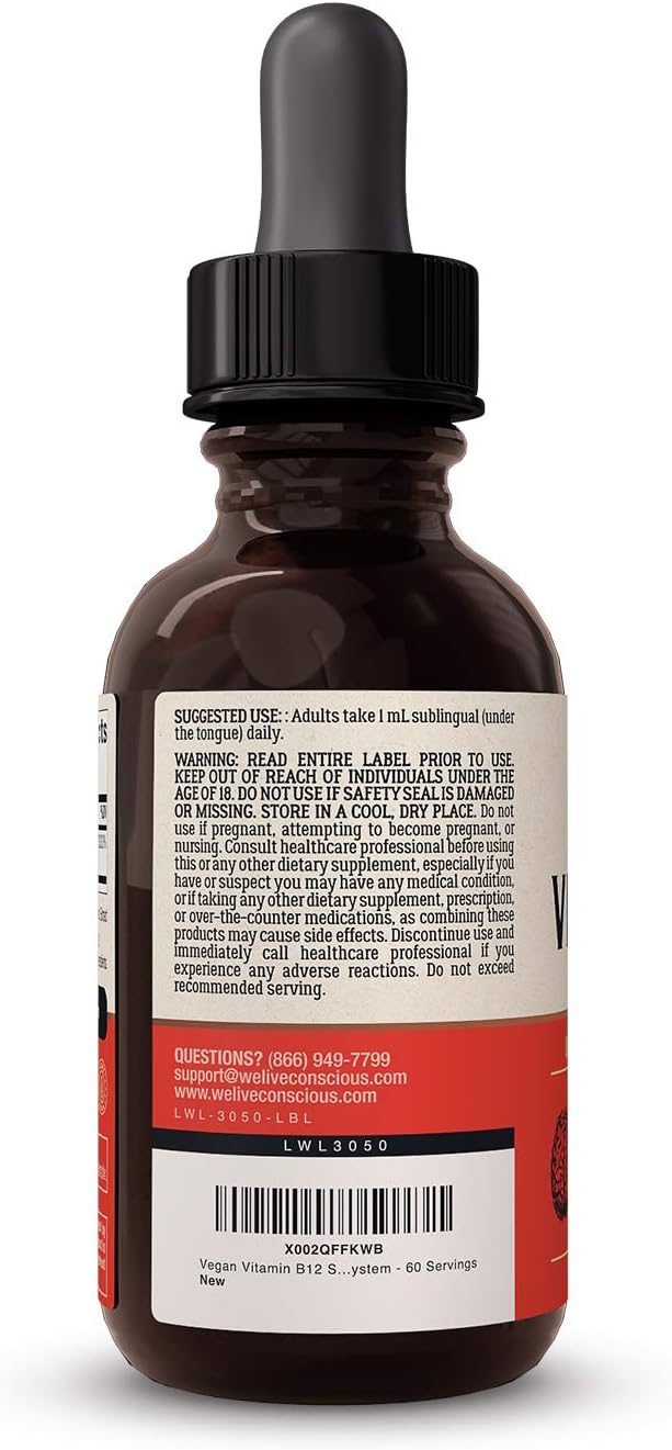 High-Potency Vegan Vitamin B12 Liquid Drops - 5000mcg Methylcobalamin Formula for Energy, Memory, Immune Support - 60 Servings
