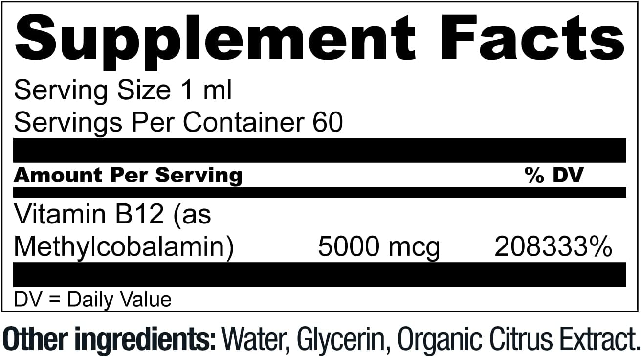 High-Potency Vegan Vitamin B12 Liquid Drops - 5000mcg Methylcobalamin Formula for Energy, Memory, Immune Support - 60 Servings