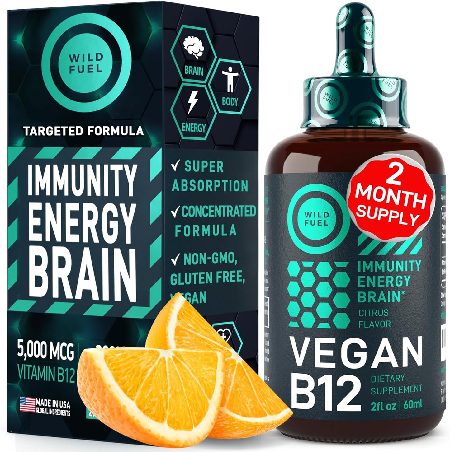 High-Potency Vegan Vitamin B12 Liquid Drops - Fast-Acting 5000mcg Methylcobalamin Supplement - Energy, Memory, Mood Support - Non-GMO, Natural Citrus Flavor - 60 Servings, 2oz