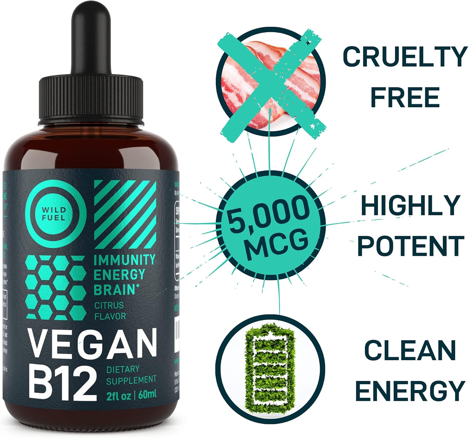 High-Potency Vegan Vitamin B12 Liquid Drops - Fast-Acting 5000mcg Methylcobalamin Supplement - Energy, Memory, Mood Support - Non-GMO, Natural Citrus Flavor - 60 Servings, 2oz