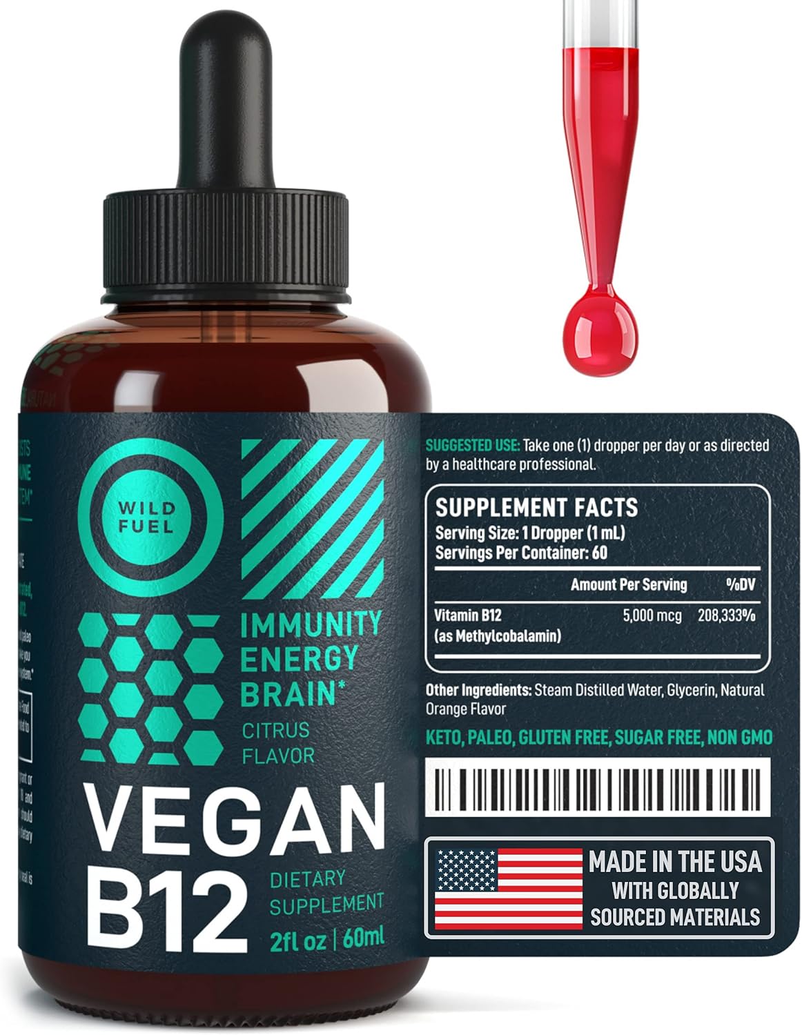 High-Potency Vegan Vitamin B12 Liquid Drops - Fast-Acting 5000mcg Methylcobalamin Supplement - Energy, Memory, Mood Support - Non-GMO, Natural Citrus Flavor - 60 Servings, 2oz