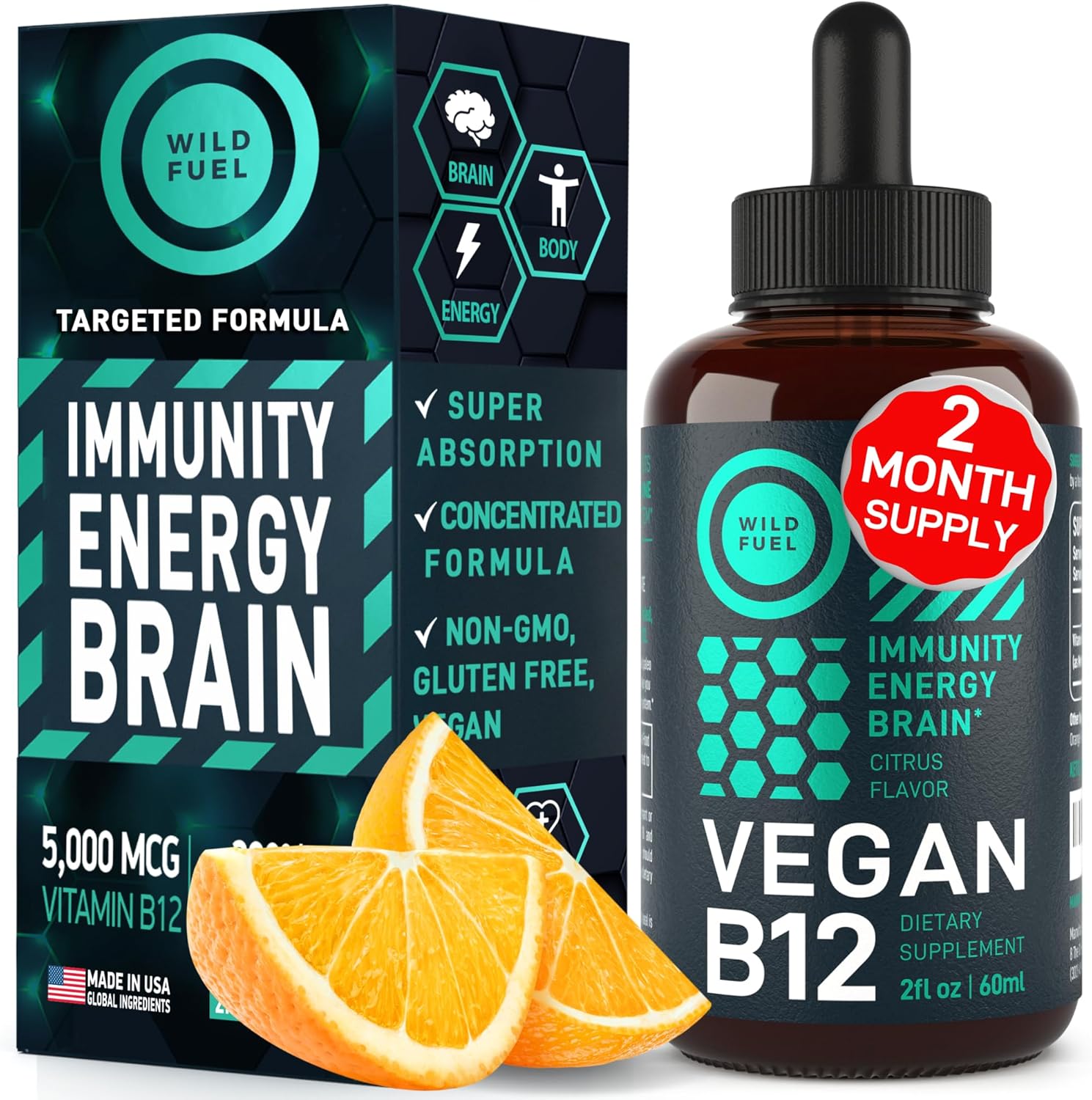High-Potency Vegan Vitamin B12 Liquid Drops - Fast-Acting 5000mcg Methylcobalamin Supplement - Energy, Memory, Mood Support - Non-GMO, Natural Citrus Flavor - 60 Servings, 2oz