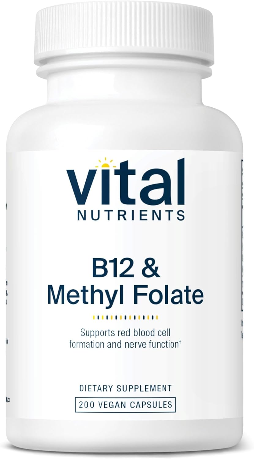 High-Potency Vegan Vitamin B12 & Methylated Folate Supplement for Nervous System and Metabolism Support - 200 Capsules