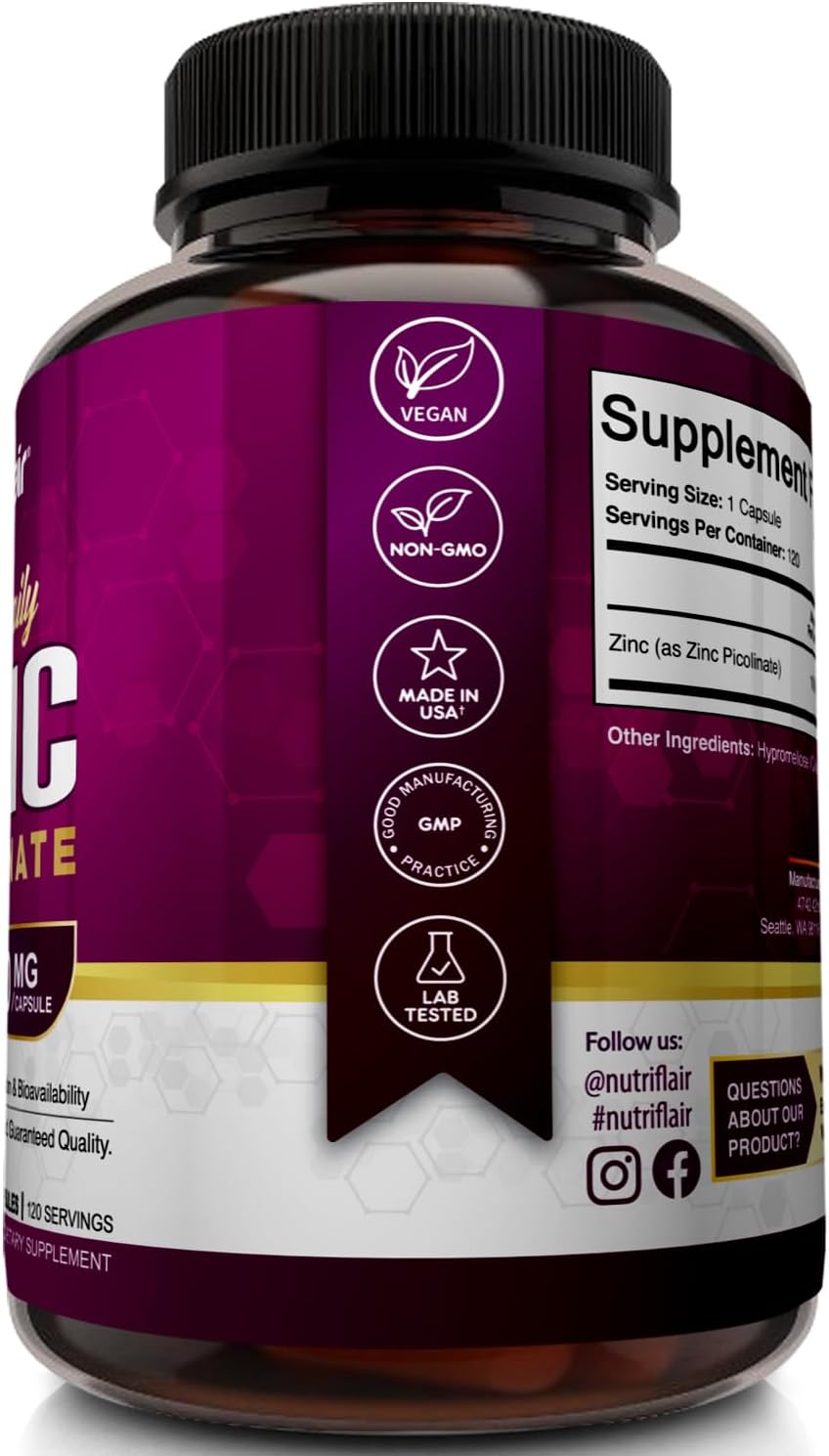 High Potency Vegan Zinc Picolinate Supplement - 100mg, 120 Capsules - Non-GMO, Made in USA, Lab Tested