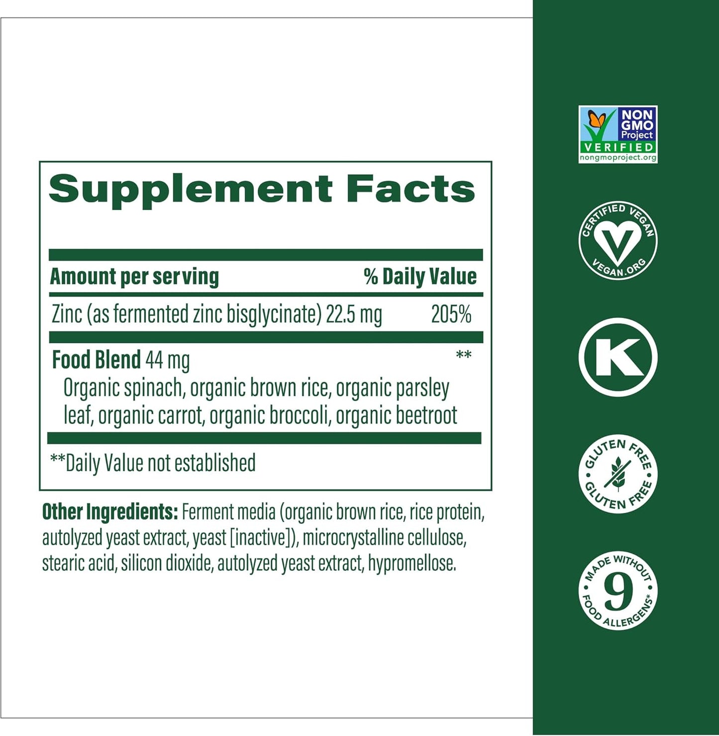 High Potency Vegan Zinc Supplement for Immune Support - 22.5 mg Fermented Zinc - Gluten-Free, Kosher - 60 Tablets
