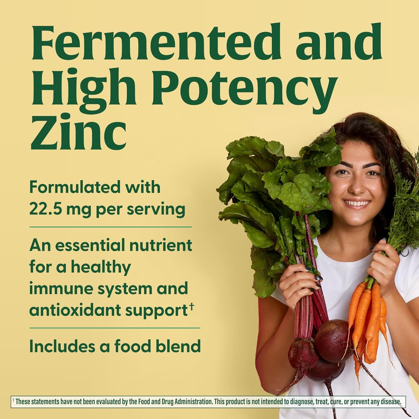 High Potency Vegan Zinc Supplement for Immune Support - 22.5 mg Fermented Zinc - Gluten-Free, Kosher - 60 Tablets