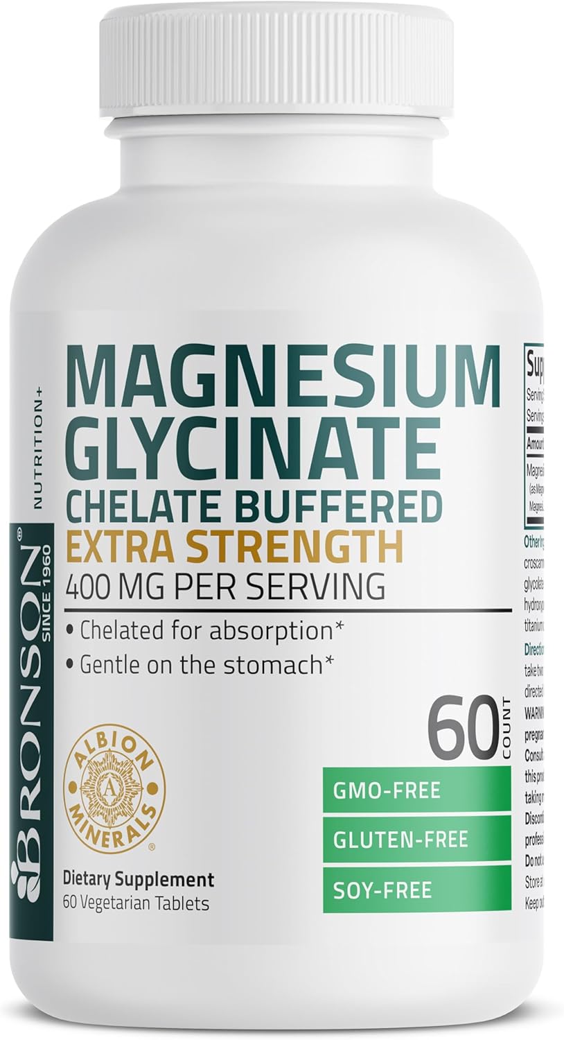 High Potency Vegetarian Magnesium Glycinate 400mg Tablets, Chelated for Better Absorption, Non-GMO, 60 Count, Gentle on Stomach