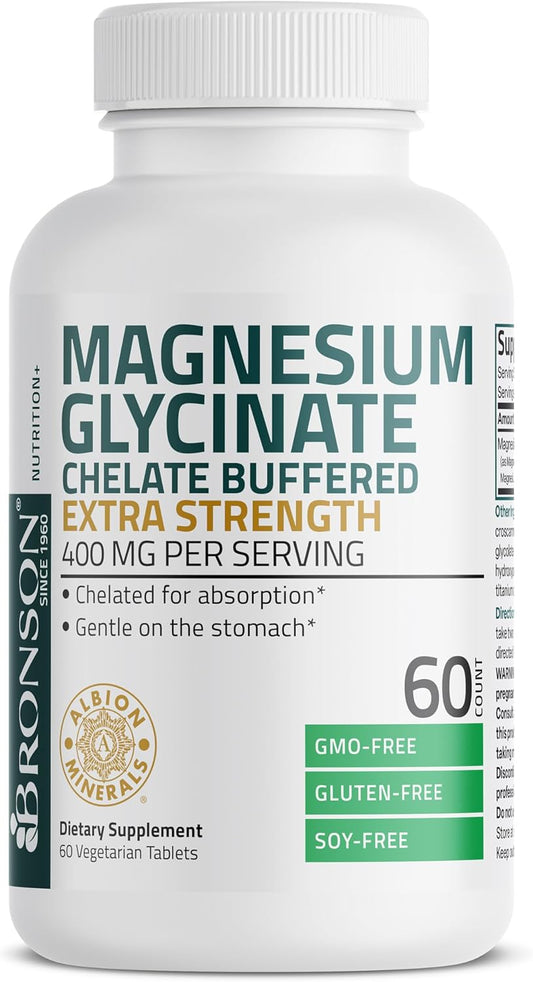High Potency Vegetarian Magnesium Glycinate 400mg Tablets, Chelated for Better Absorption, Non-GMO, 60 Count, Gentle on Stomach