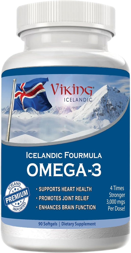 High Potency Viking Icelandic Omega-3 Fish Oil Softgels with Quadruple Strength DHA & EPA - 90 Count