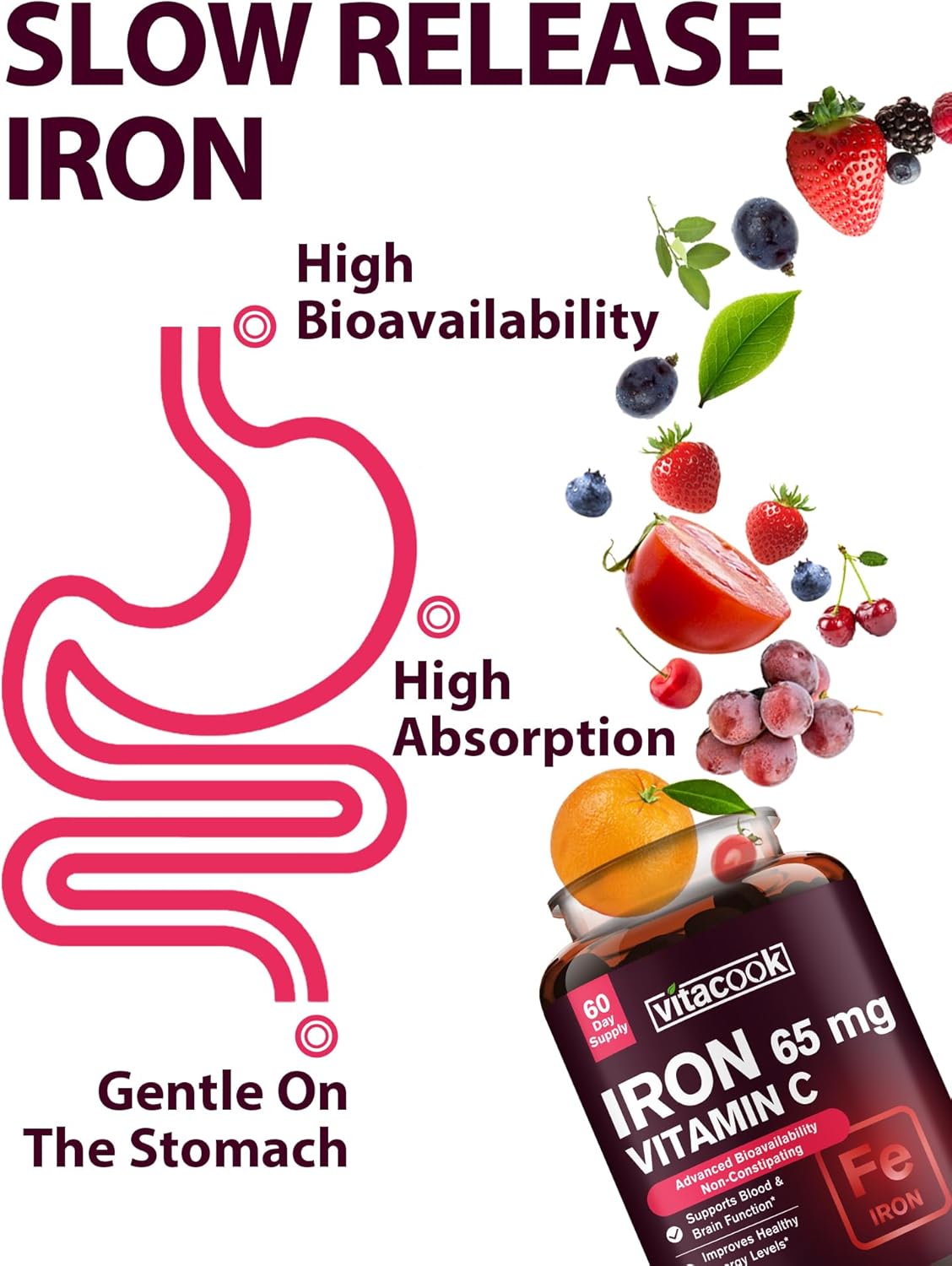 High Potency Vitacook Iron Supplement with Vitamin C for Red Blood Cell & Immune Support - 60 Vegan Tabs, Non-GMO & Gluten Free