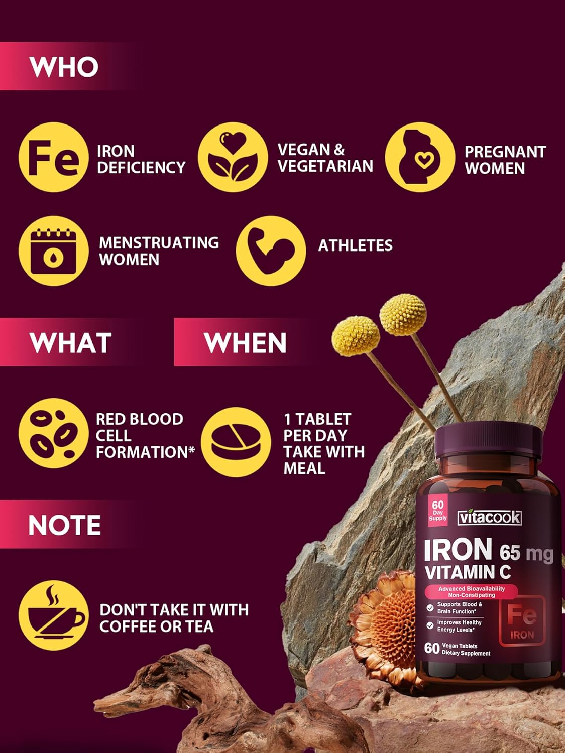 High Potency Vitacook Iron Supplement with Vitamin C for Red Blood Cell & Immune Support - 60 Vegan Tabs, Non-GMO & Gluten Free