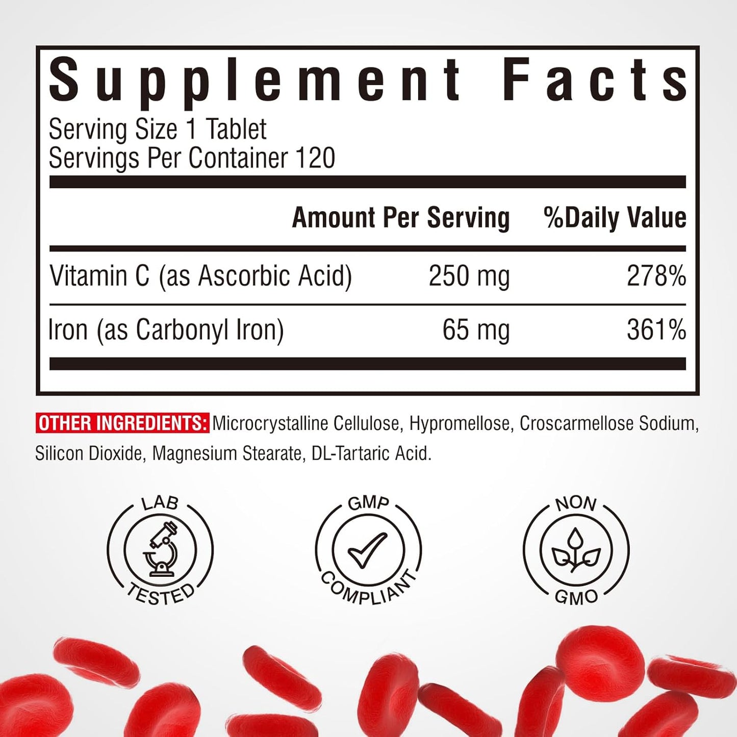 High Potency Vitalibre Iron Supplement with Vitamin C for Healthy Energy Levels - 120 Tablets, Stomach-Friendly Carbonyl Iron for Red Blood Cell Production