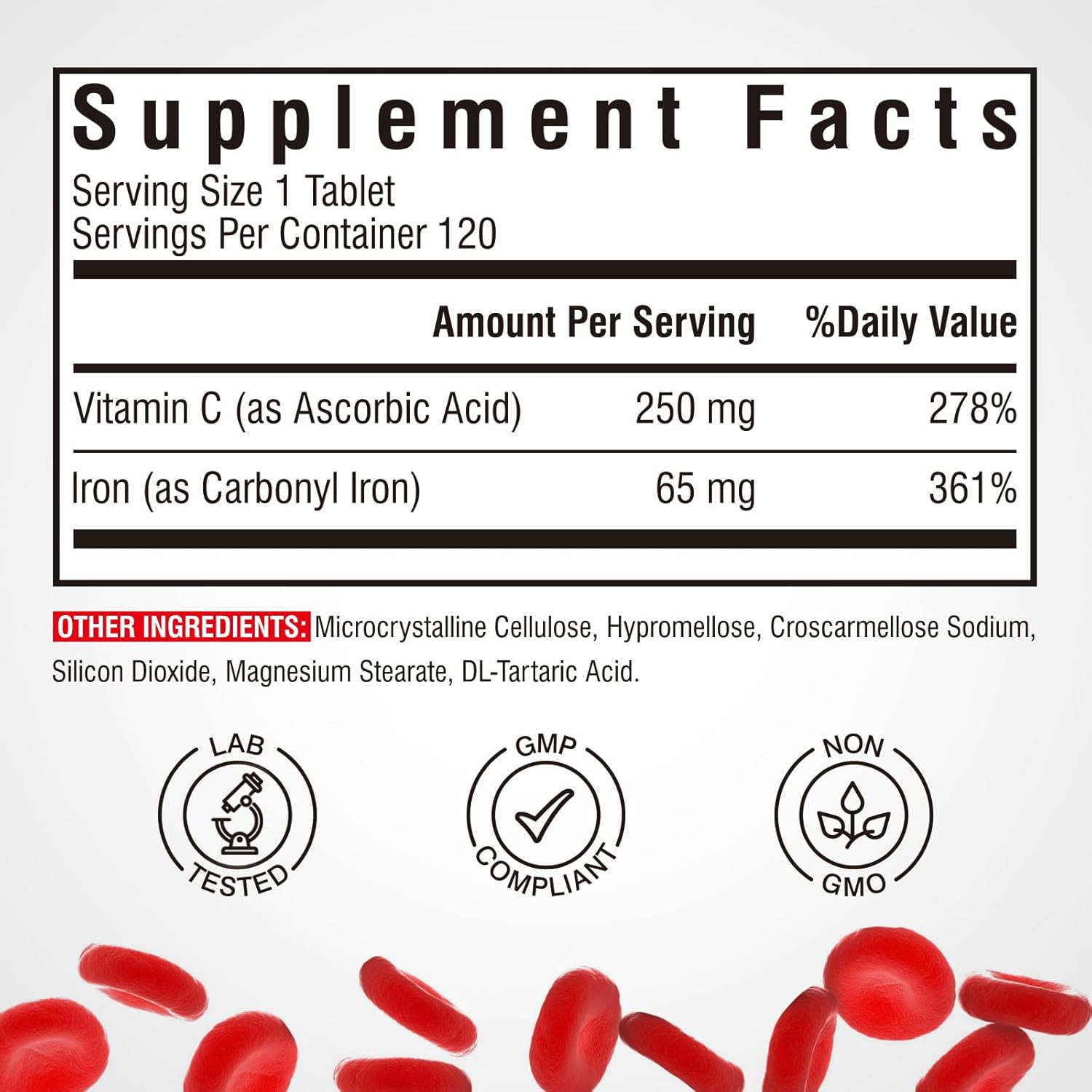 High Potency Vitalibre Iron Supplement with Vitamin C for Healthy Energy Levels - 120 Tablets, Stomach-Friendly Carbonyl Iron for Red Blood Cell Production