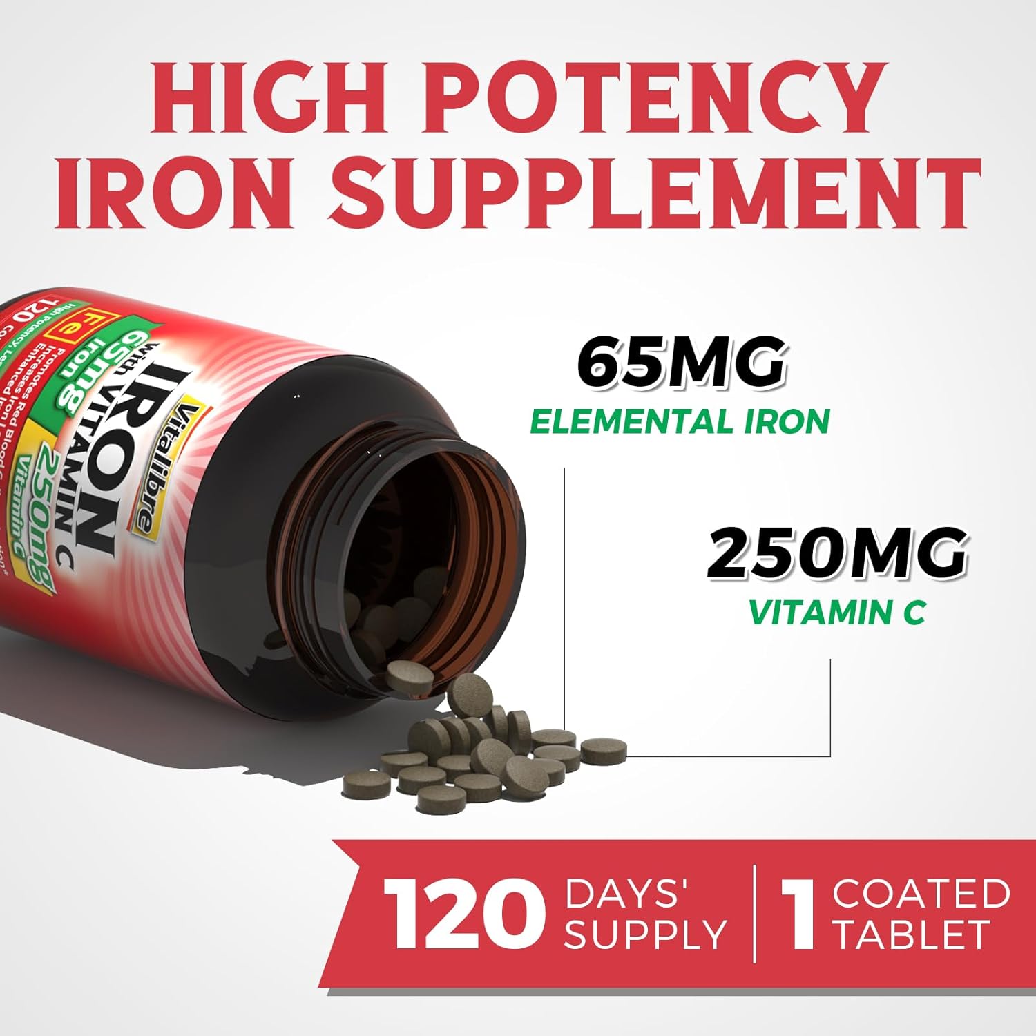 High Potency Vitalibre Iron Supplement with Vitamin C for Healthy Energy Levels - 120 Tablets, Stomach-Friendly Carbonyl Iron for Red Blood Cell Production