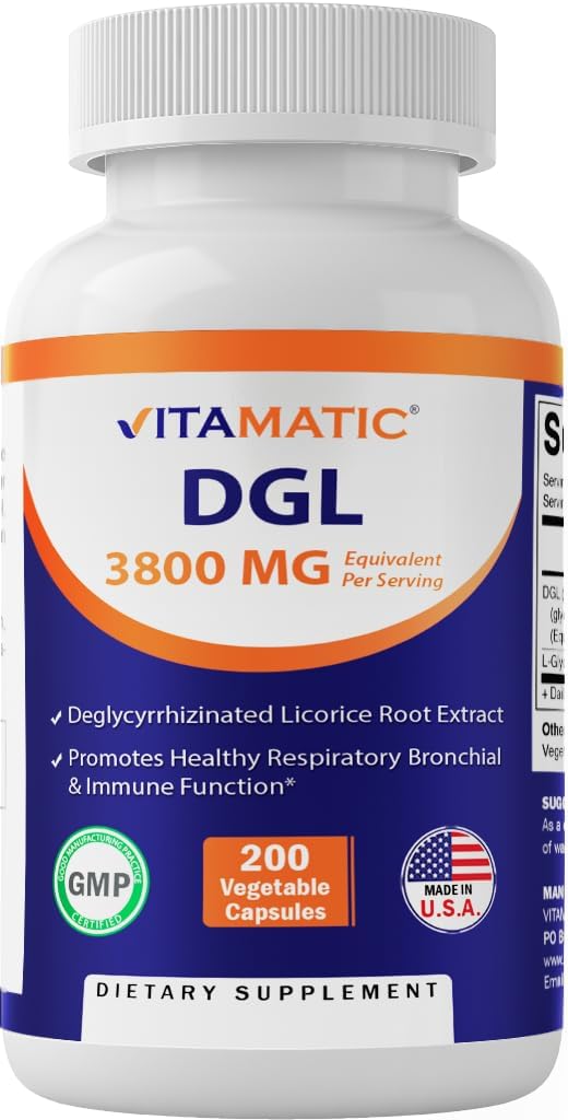 High Potency Vitamatic DGL Licorice Extract Capsules - 10X Strength for Digestive & Respiratory Health - 380mg, 200ct