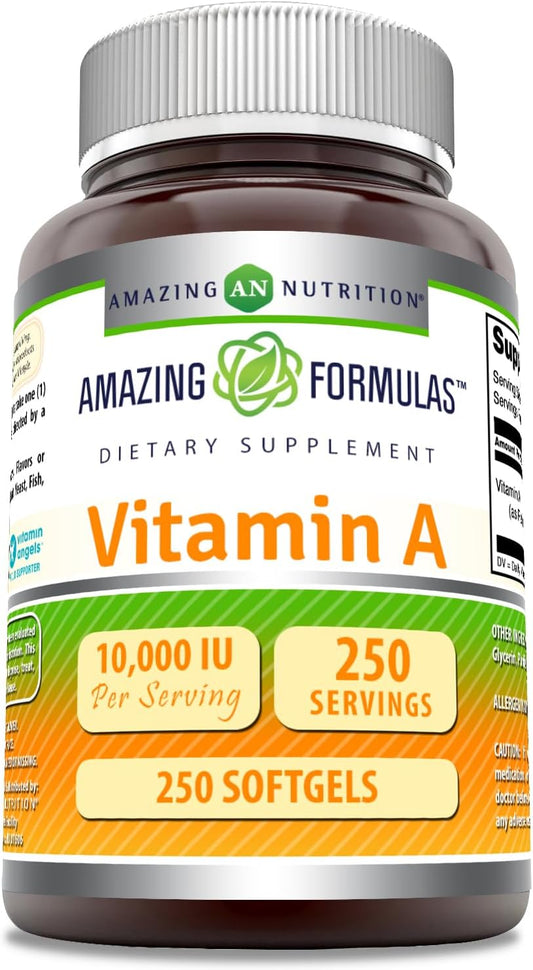 High Potency Vitamin A 10000 IU Softgels by Amazing Formulas - 250 Count - Non-GMO, Gluten Free - Made in USA