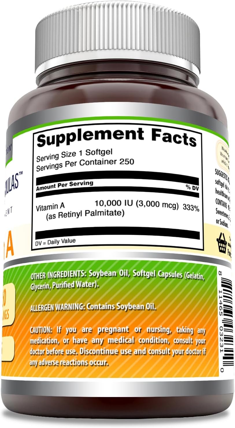 High Potency Vitamin A 10000 IU Softgels by Amazing Formulas - 250 Count - Non-GMO, Gluten Free - Made in USA