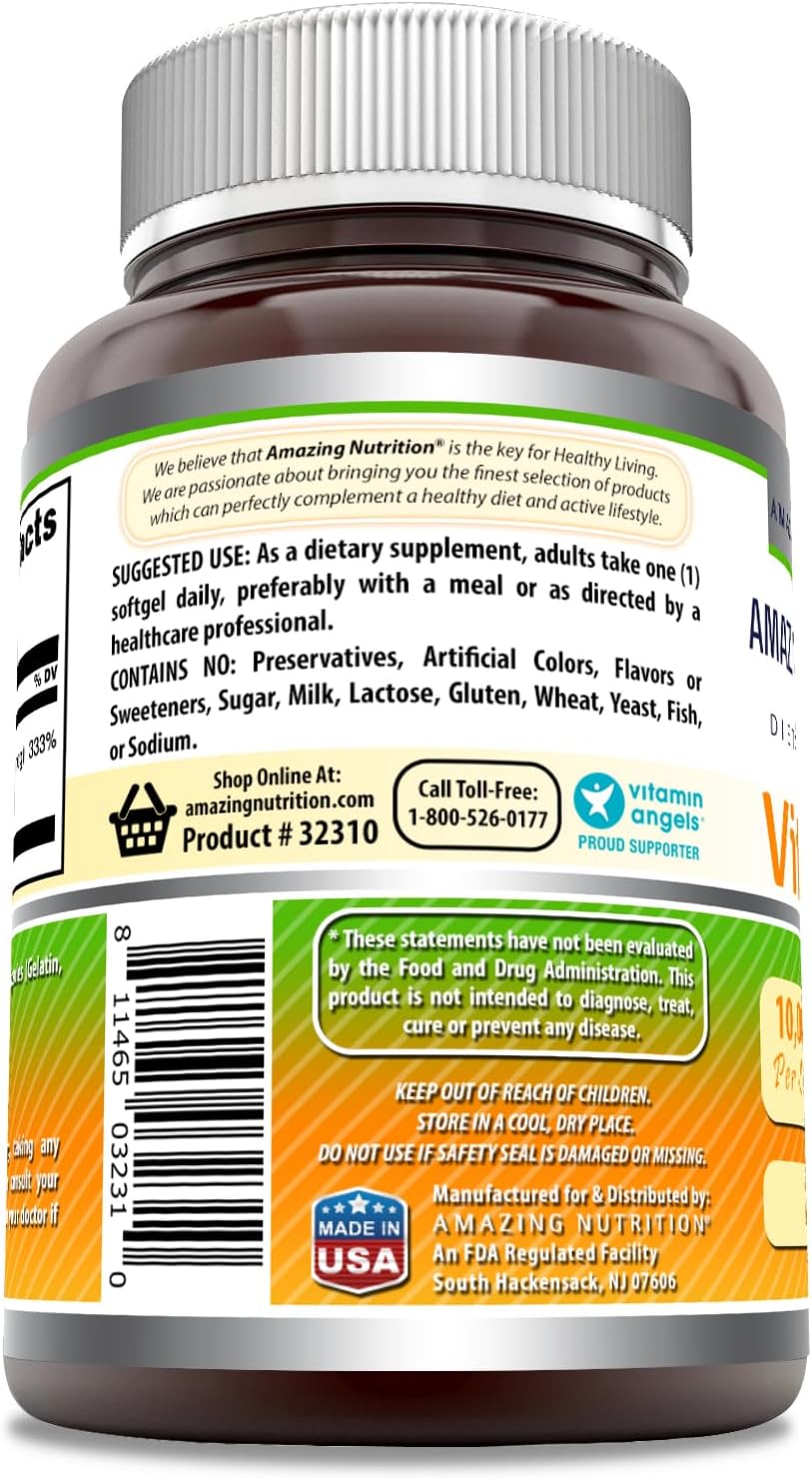 High Potency Vitamin A 10000 IU Softgels by Amazing Formulas - 250 Count - Non-GMO, Gluten Free - Made in USA