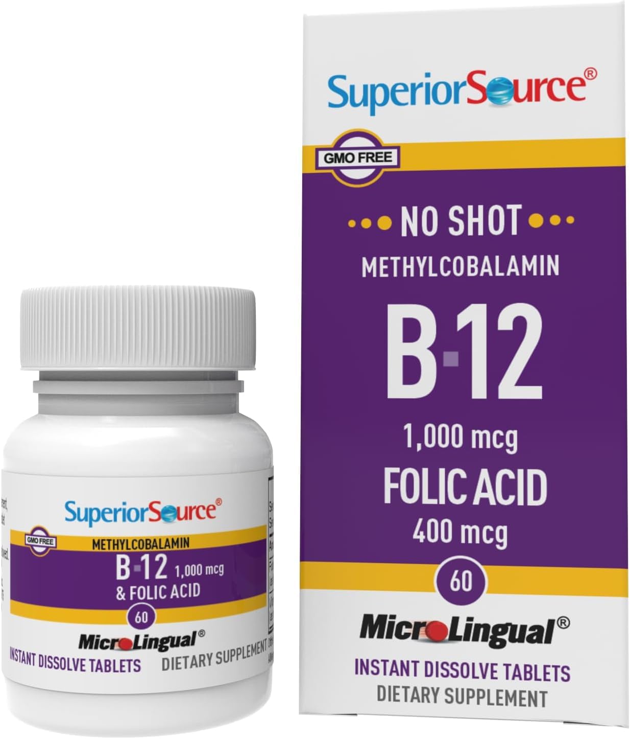 High Potency Vitamin B-12 Methylcobalamin & Folic Acid Tablets for Energy, Brain, and Heart Health - Stress Support - 60 Sublingual Dissolving Tablets