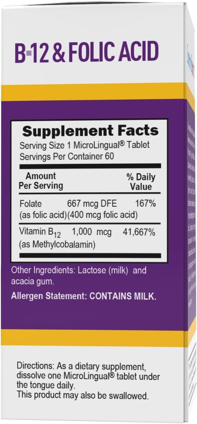 High Potency Vitamin B-12 Methylcobalamin & Folic Acid Tablets for Energy, Brain, and Heart Health - Stress Support - 60 Sublingual Dissolving Tablets