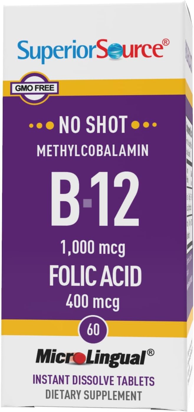 High Potency Vitamin B-12 Methylcobalamin & Folic Acid Tablets for Energy, Brain, and Heart Health - Stress Support - 60 Sublingual Dissolving Tablets