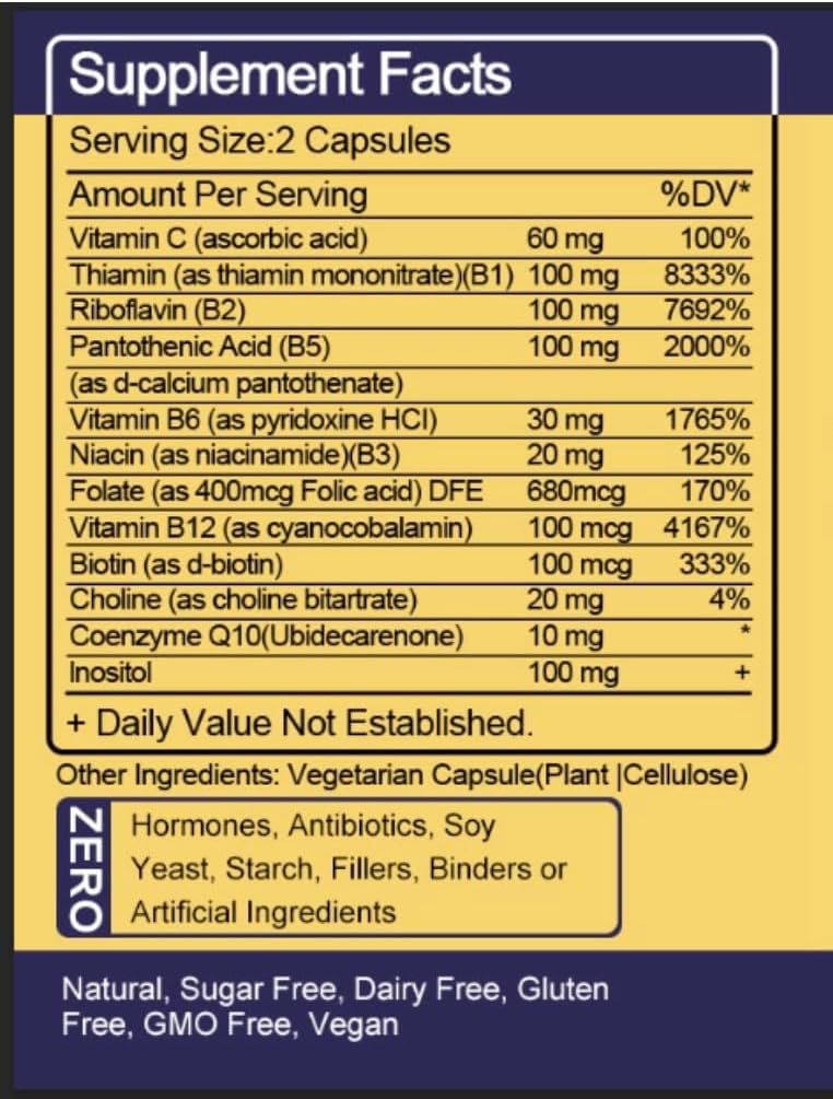 High-Potency Vitamin B-Complex with CoQ10 and Vitamin C - Energy and Metabolism Support, 120 Softgels, 60 Day Supply