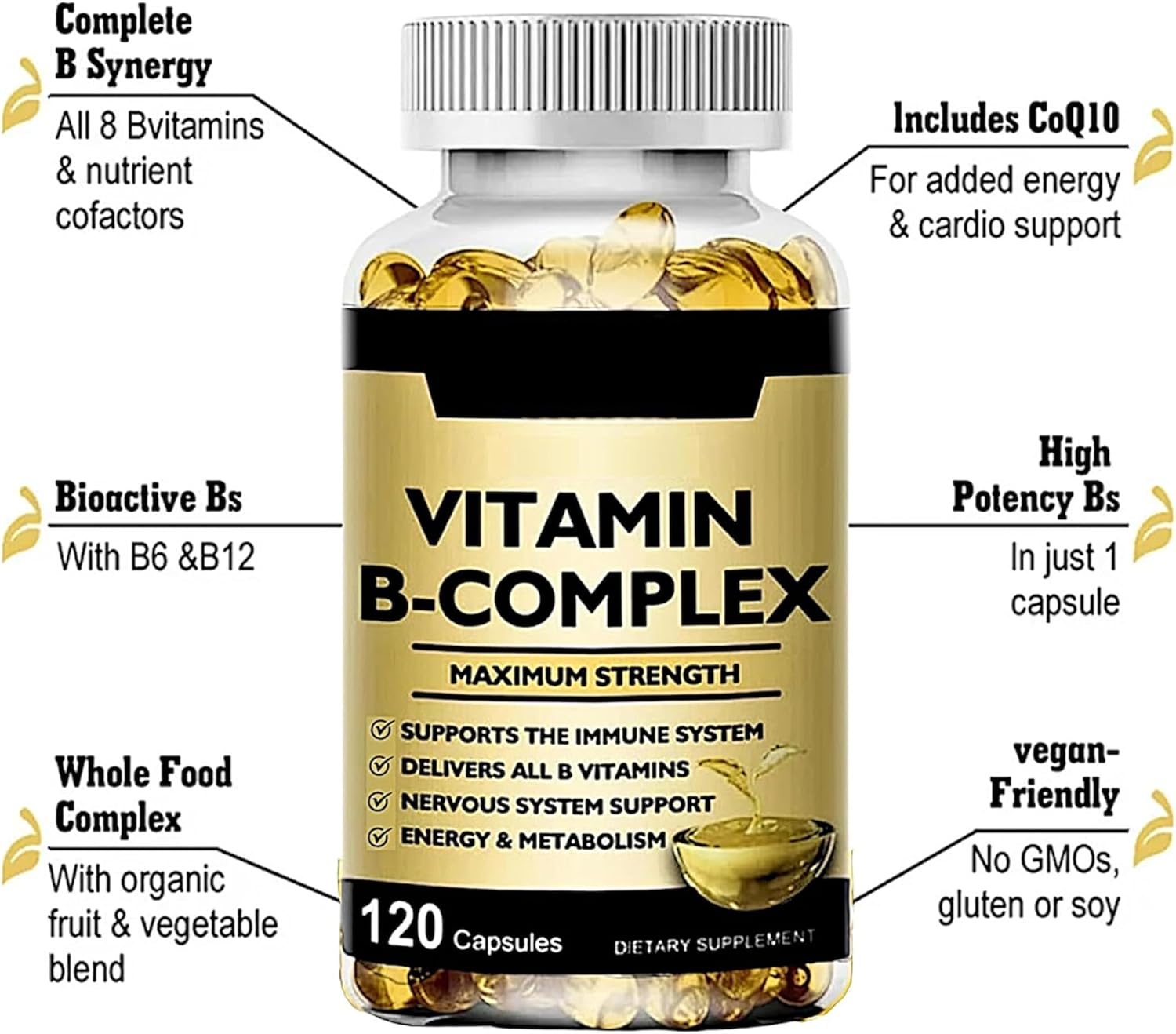 High-Potency Vitamin B-Complex with CoQ10 and Vitamin C - Energy and Metabolism Support, 120 Softgels, 60 Day Supply