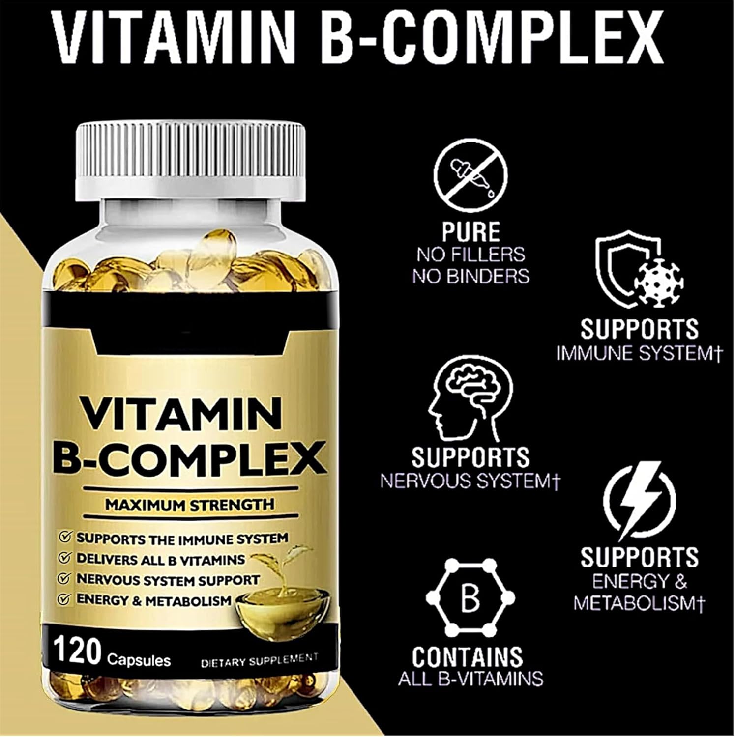 High-Potency Vitamin B-Complex with CoQ10 and Vitamin C - Energy and Metabolism Support, 120 Softgels, 60 Day Supply