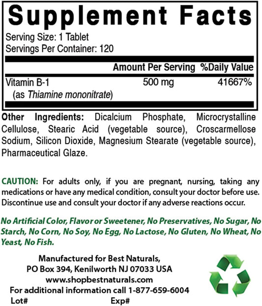High Potency Vitamin B1 Thiamine Mononitrate 500mg & B6 200mg Supplement by Best Naturals