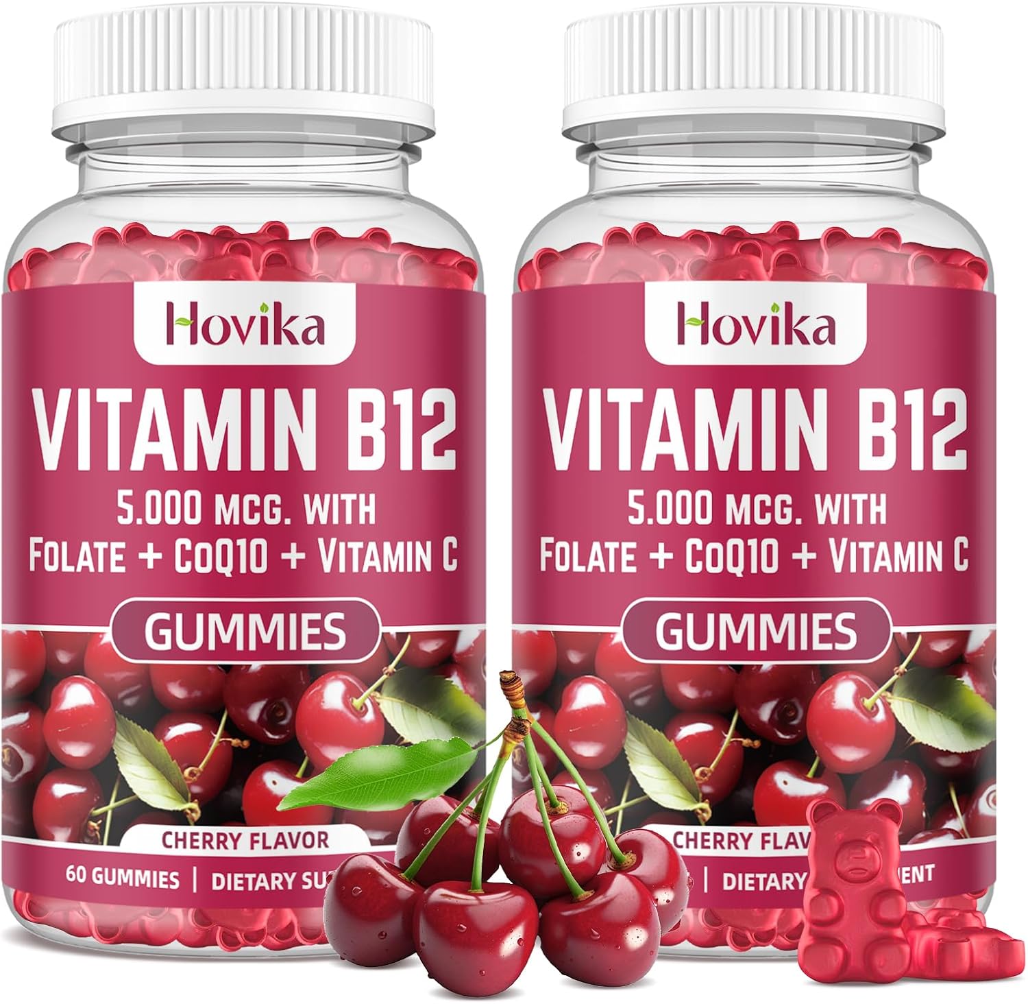 High Potency Vitamin B12 Complex Chewable Tablets with CoQ10 & Folate - Cherry Flavored Energy Support Supplement, 2 Pack