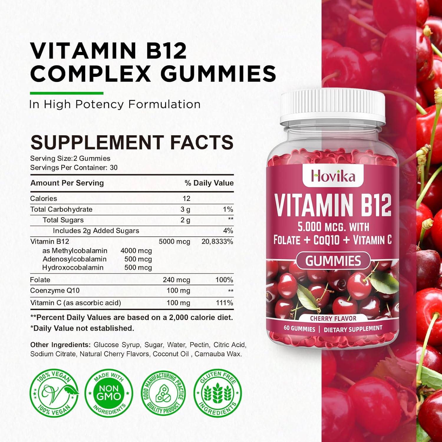 High Potency Vitamin B12 Complex Chewable Tablets with CoQ10 & Folate - Cherry Flavored Energy Support Supplement, 2 Pack
