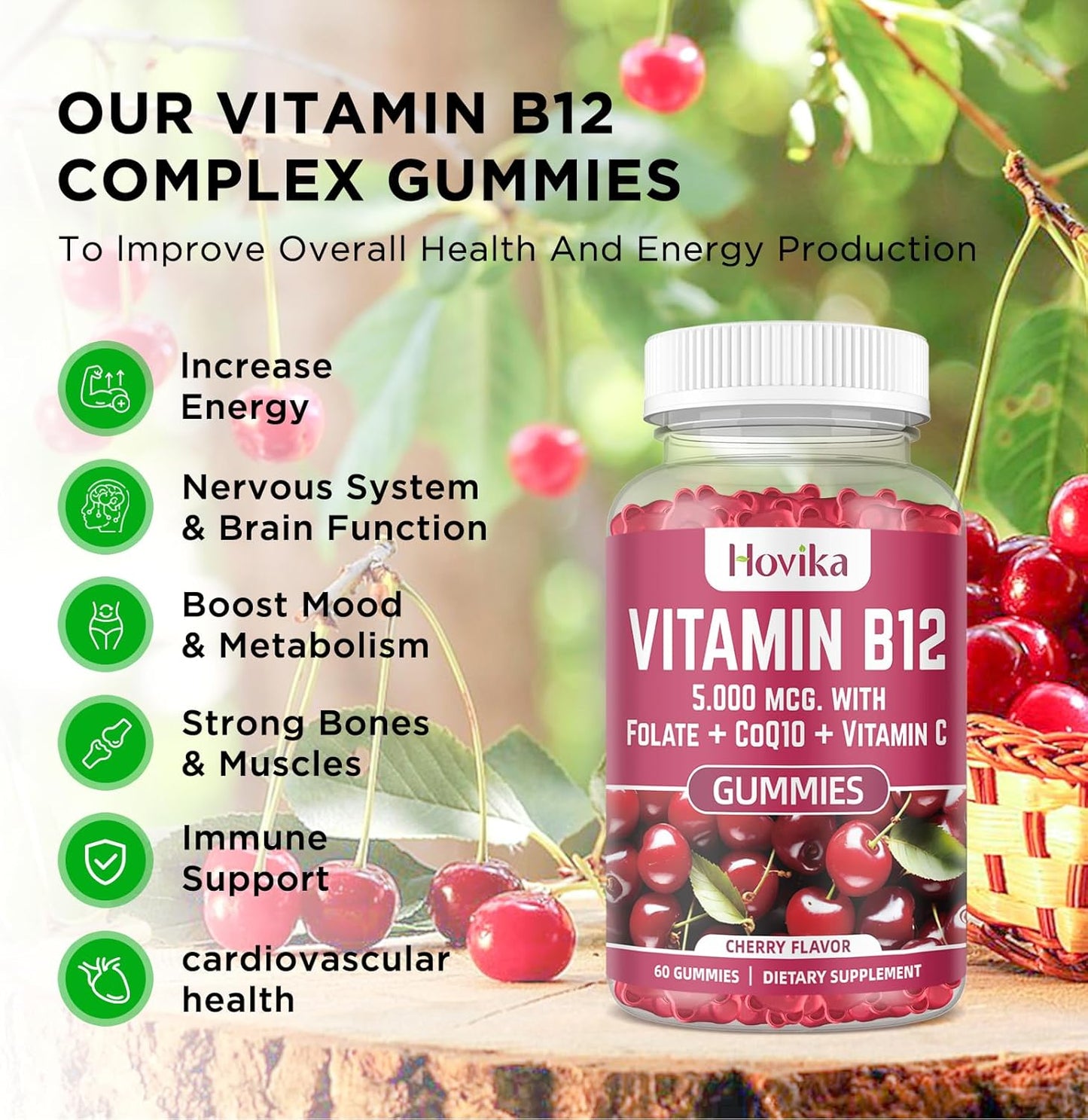 High Potency Vitamin B12 Complex Chewable Tablets with CoQ10 & Folate - Cherry Flavored Energy Support Supplement, 2 Pack