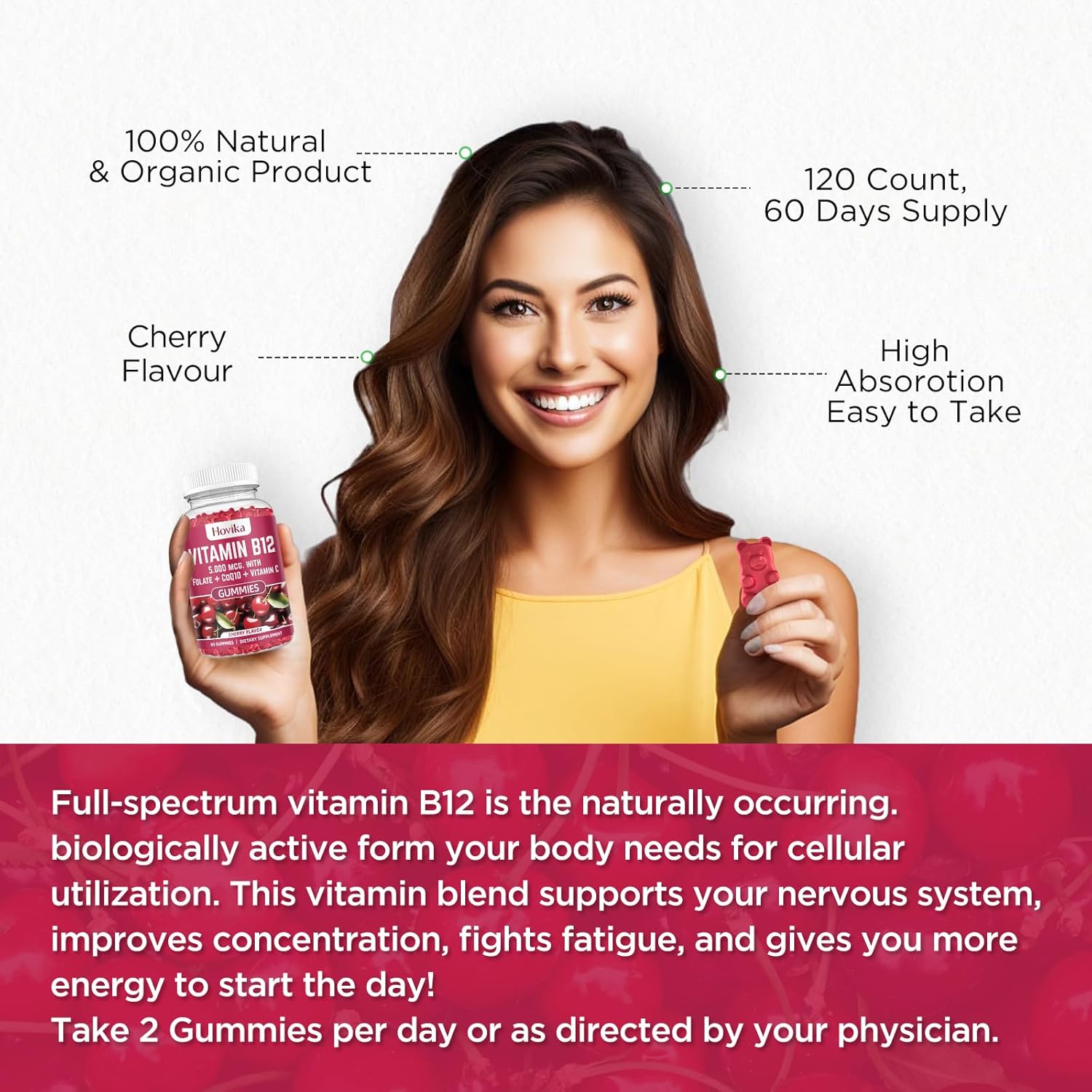 High Potency Vitamin B12 Complex Chewable Tablets with CoQ10 & Folate - Cherry Flavored Energy Support Supplement, 2 Pack
