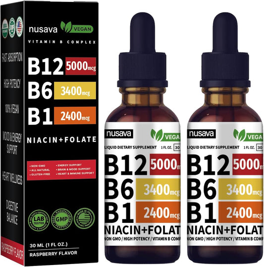 High Potency Vitamin B12 Sublingual Liquid Drops 5000 Mcg - Methylcobalamin B Complex for Energy - 2 Pack for Maximum Absorption