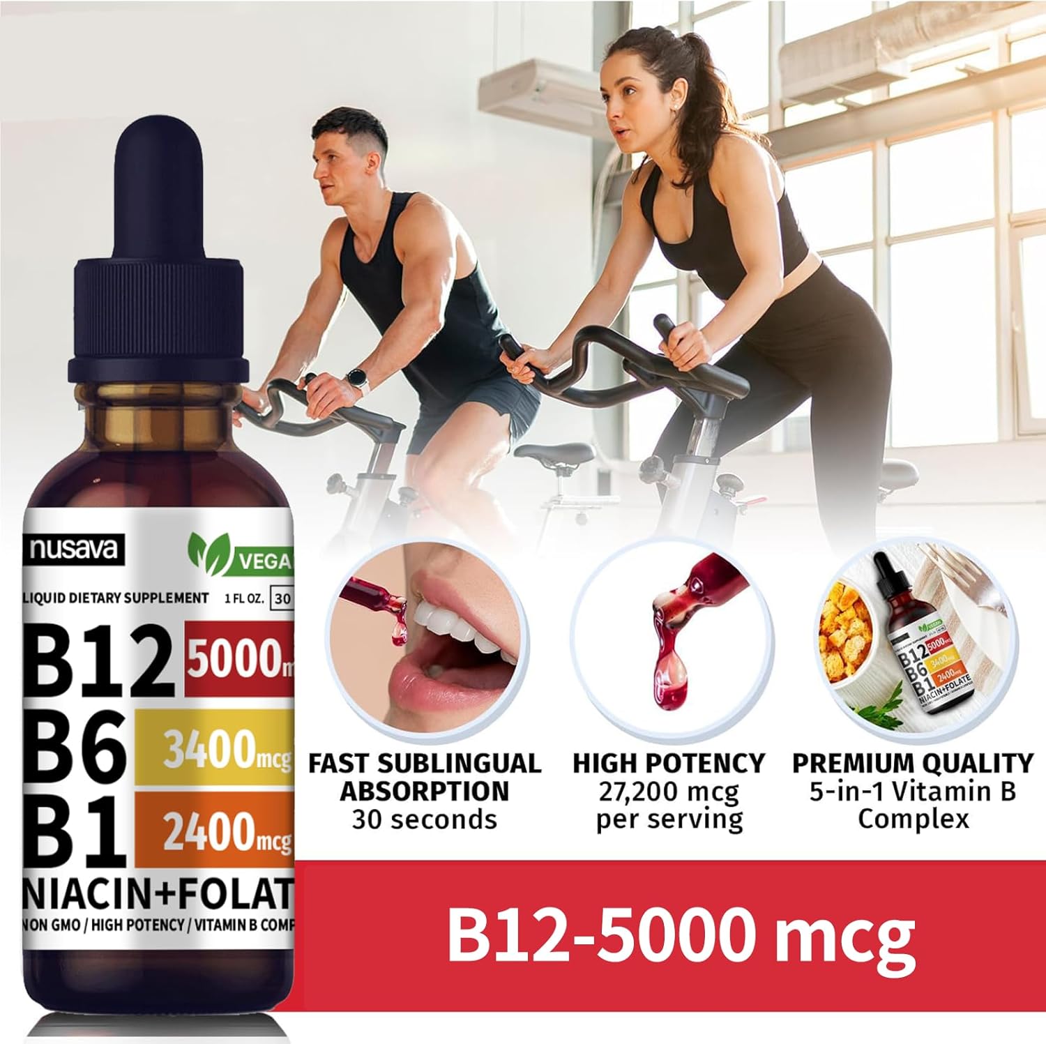 High Potency Vitamin B12 Sublingual Liquid Drops 5000 Mcg - Methylcobalamin B Complex for Energy - 2 Pack for Maximum Absorption