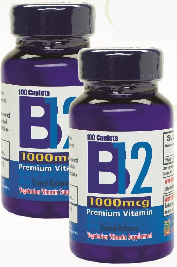 High Potency Vitamin B12 Tablets - 1000mcg, Set of 2 Bottles with 100 Tablets Each. Fights Anemia, Fatigue, Boosts Energy, Revitalizes Nervous System. Nutrisalud Product.