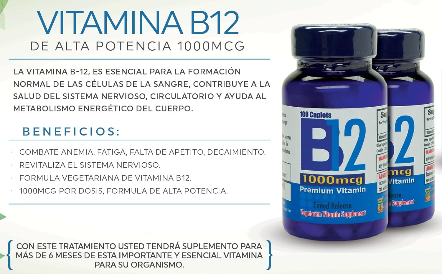 High Potency Vitamin B12 Tablets - 1000mcg, Set of 2 Bottles with 100 Tablets Each. Fights Anemia, Fatigue, Boosts Energy, Revitalizes Nervous System. Nutrisalud Product.