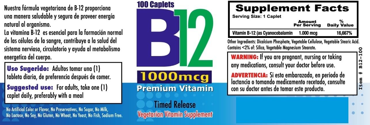 High Potency Vitamin B12 Tablets - 1000mcg, Set of 2 Bottles with 100 Tablets Each. Fights Anemia, Fatigue, Boosts Energy, Revitalizes Nervous System. Nutrisalud Product.