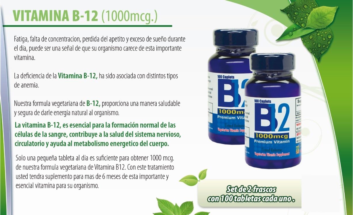 High Potency Vitamin B12 Tablets - 1000mcg, Set of 2 Bottles with 100 Tablets Each. Fights Anemia, Fatigue, Boosts Energy, Revitalizes Nervous System. Nutrisalud Product.