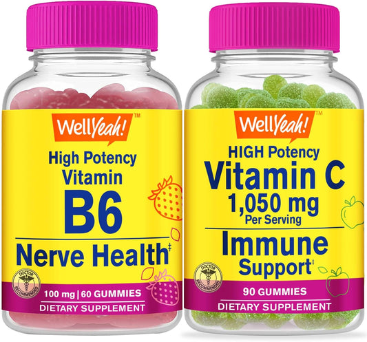 High Potency Vitamin B6 and Vitamin C Gummies Bundle - Delicious Chewable Supplement, Gluten and GMO Free