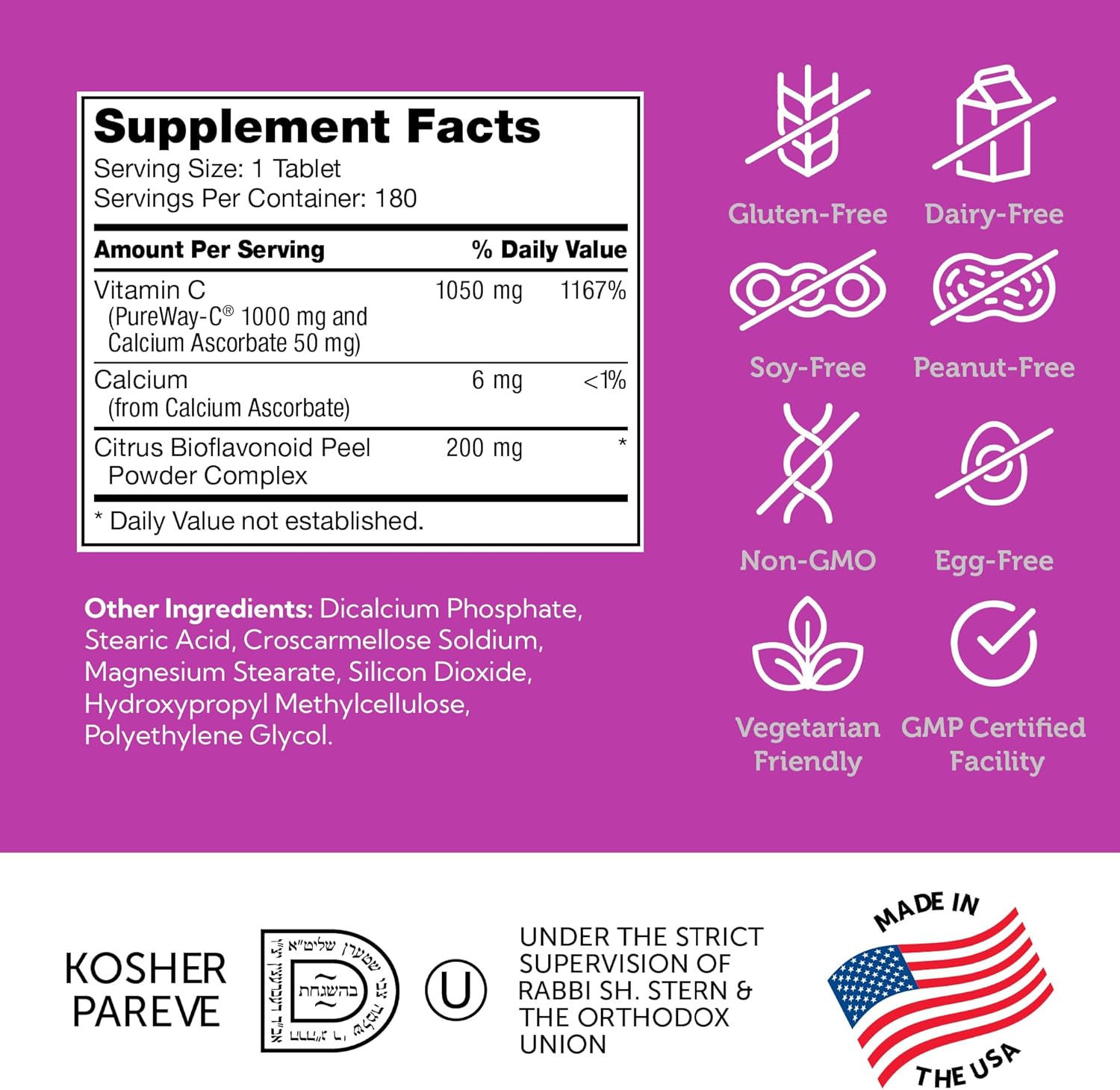 High Potency Vitamin C 1000mg Tablets with Bioflavonoids - Immune Support Supplement for Men & Women - Gentle on Stomach - Gluten Free - 180 Count