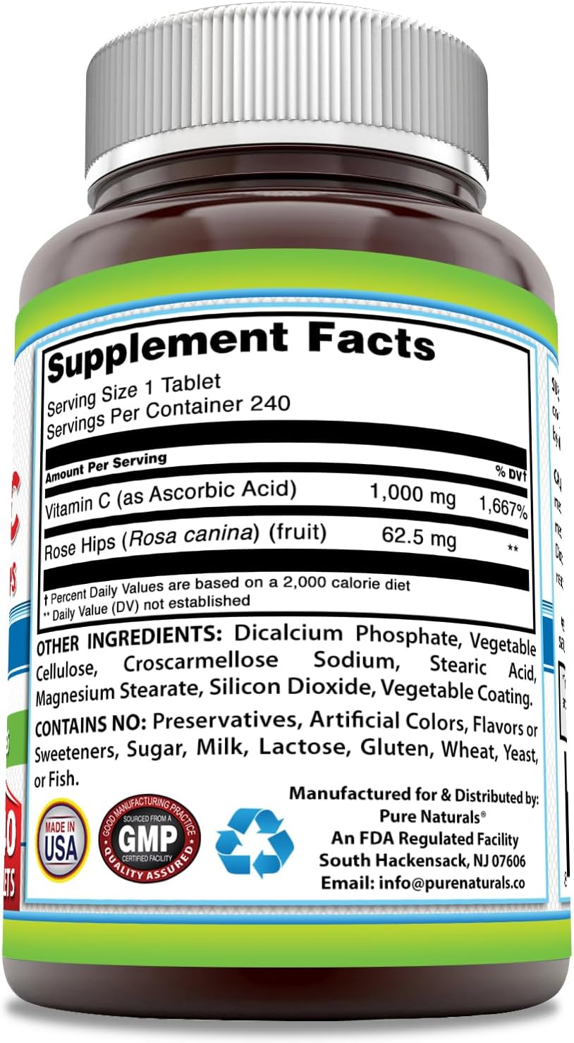 High Potency Vitamin C with Rose HIPS 1000mg | 240 Tablets | Non-GMO | Gluten Free | USA Made