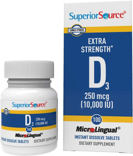 High Potency Vitamin D3 10000 IU MicroLingual Tablets - 100 Count - Supports Bone Health, Immune System, Muscle Function - Non-GMO