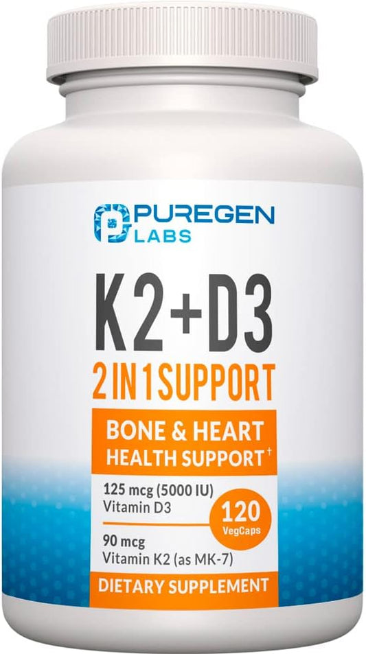 High Potency Vitamin D3 and K2 Complex for Bone and Heart Health - 120 Capsules, 4 Month Supply
