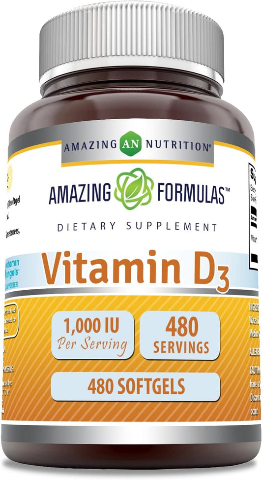 High Potency Vitamin D3 (Cholecalciferol) 1000 IU Supplement - 480 Softgels - Non-GMO, Gluten-Free - Made in USA by Amazing Nutrition