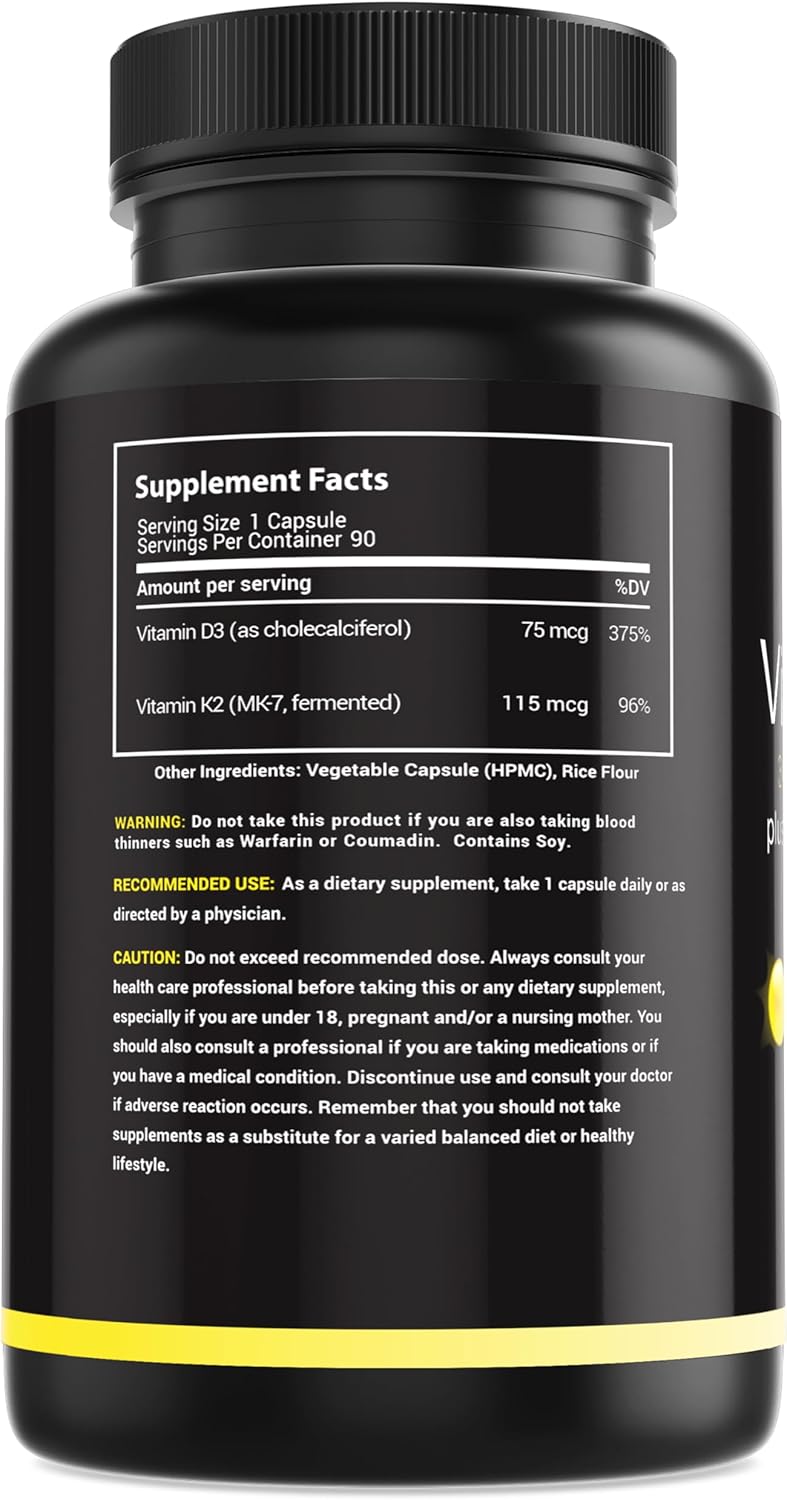 High Potency Vitamin D3 K2 Supplement with MK-7 from Natto - Supports Bone, Teeth, Heart & Immune Health - Gluten-Free - 90 Capsules