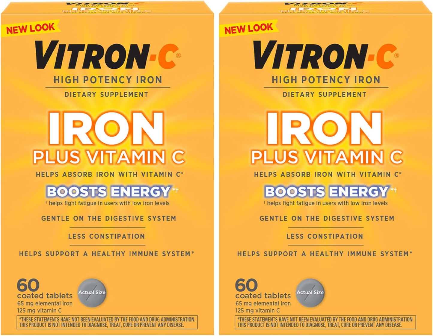 High Potency Vitron-C Iron Supplement Tablets with Vitamin C, 60 Count, Dye Free, Support Red Blood Cell Production, Pack of 2